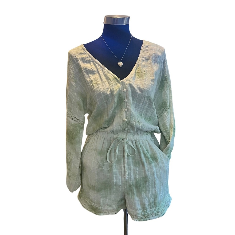 Womens Green Tie Dye Romper V Neck Long Sleeve Drawstring‎ Waist Casual